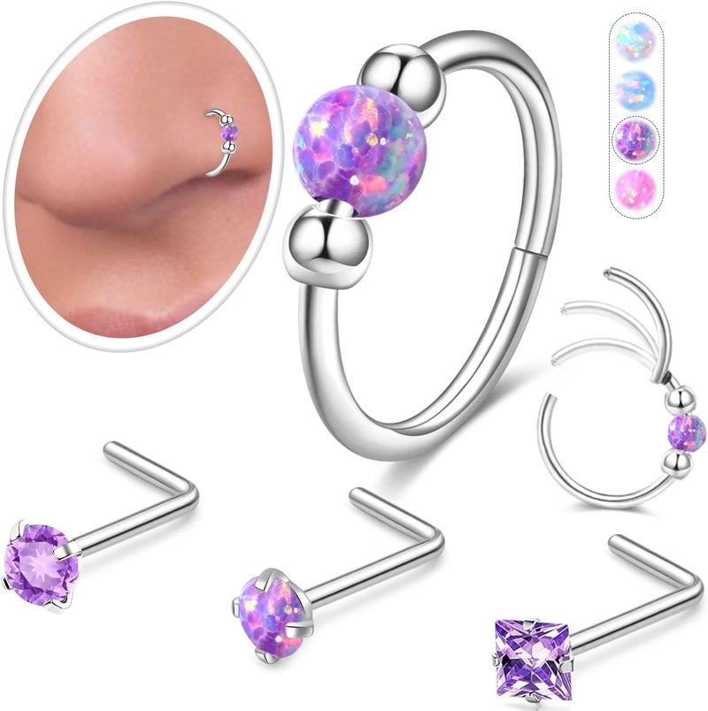 AMASIS Opal Nose Ring Studs Horseshoe Nose Rings Hoops Stud 316L Stainless Steel Nose Rings Round CZ Square Screw L Shaped Nose Stud Hypoallergenic Nostril Piercing Jewelry for Women Men - Image 1